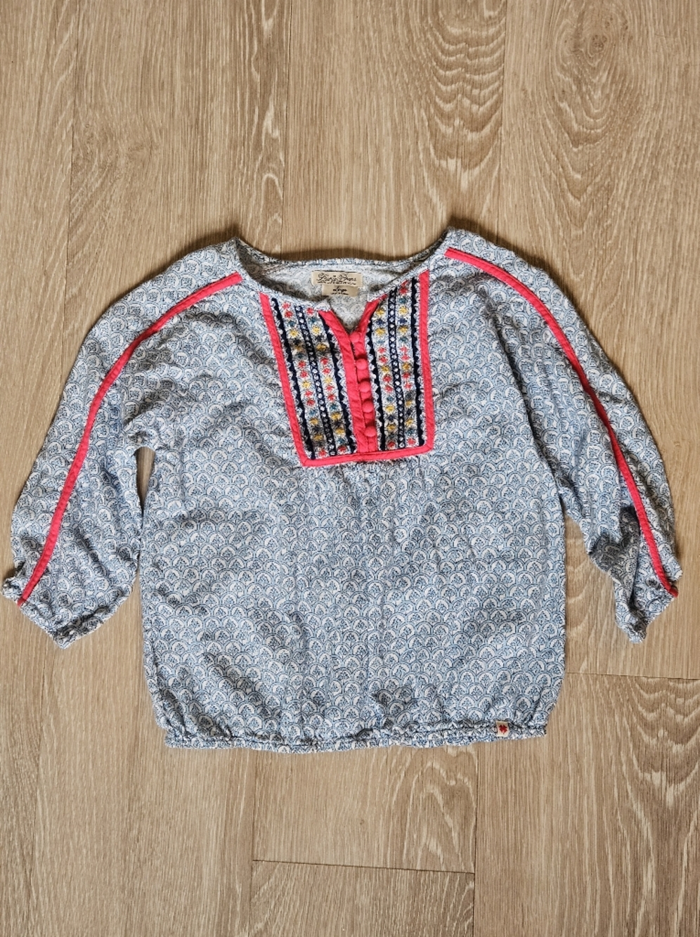 Lucky Brand Girls Blue White Printed Top with Pink Trim